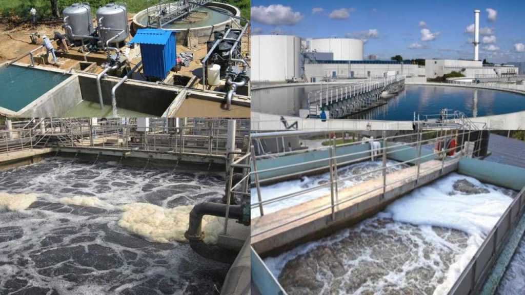 A large industrial facility with blue sedimentation tanks and pipes, treating wastewater in Bangladesh.